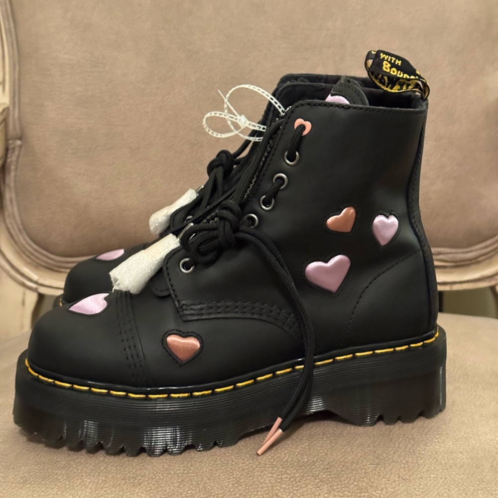 Dr. Martens Black Lace Up Boots with Pink and Purple Hearts - Picture 10 of 15